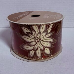 Burgundy and Gold Festive wired Ribbon with Cream and Gold details